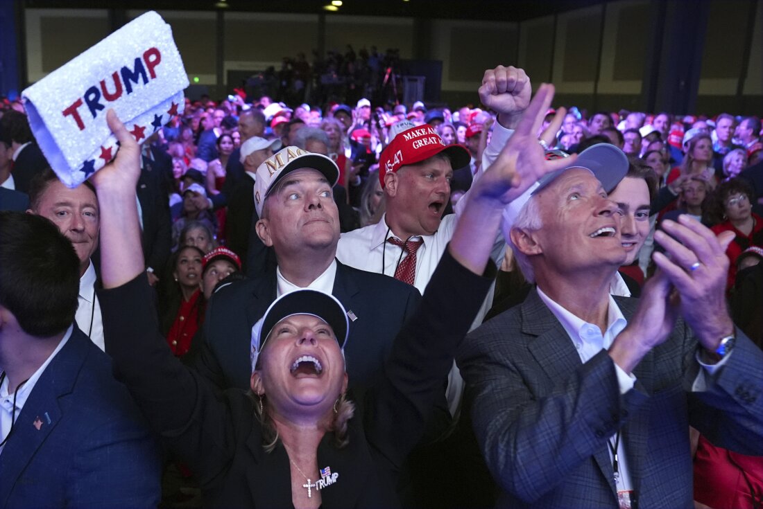 Supporters watch returns at a campaign election night watch party for Republican presidential nominee former President Donald Trump at the Palm Beach Convention Center, Wednesday, Nov. 6, 2024, in West Palm Beach, Fla. (AP Photo/Evan Vucci)