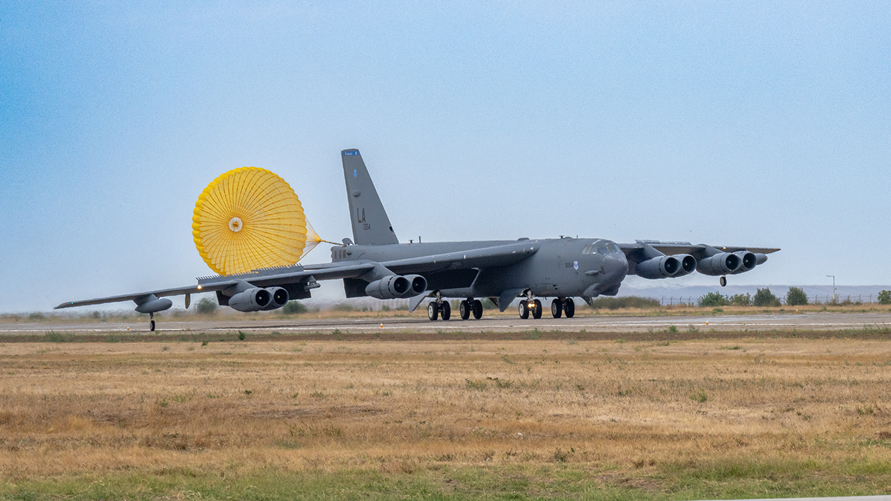 A B-52H Stratofortress from the 20th Bomb Squadron, Barksdale Air Force Base, La., makes its initial landing at Mihail Kogălniceanu Air Base, Romania, in support of Bomber Task Force Deployment 24-4, July 21, 2024. The lethal, long-range strike capabilities provided by strategic bombers influence the decision making of our nation’s competitors and adversaries by ensuring they know that the cost of military aggression would be outweighed by any potential gain. (U.S. Air Force Photo by Senior Airman Seth Watson)