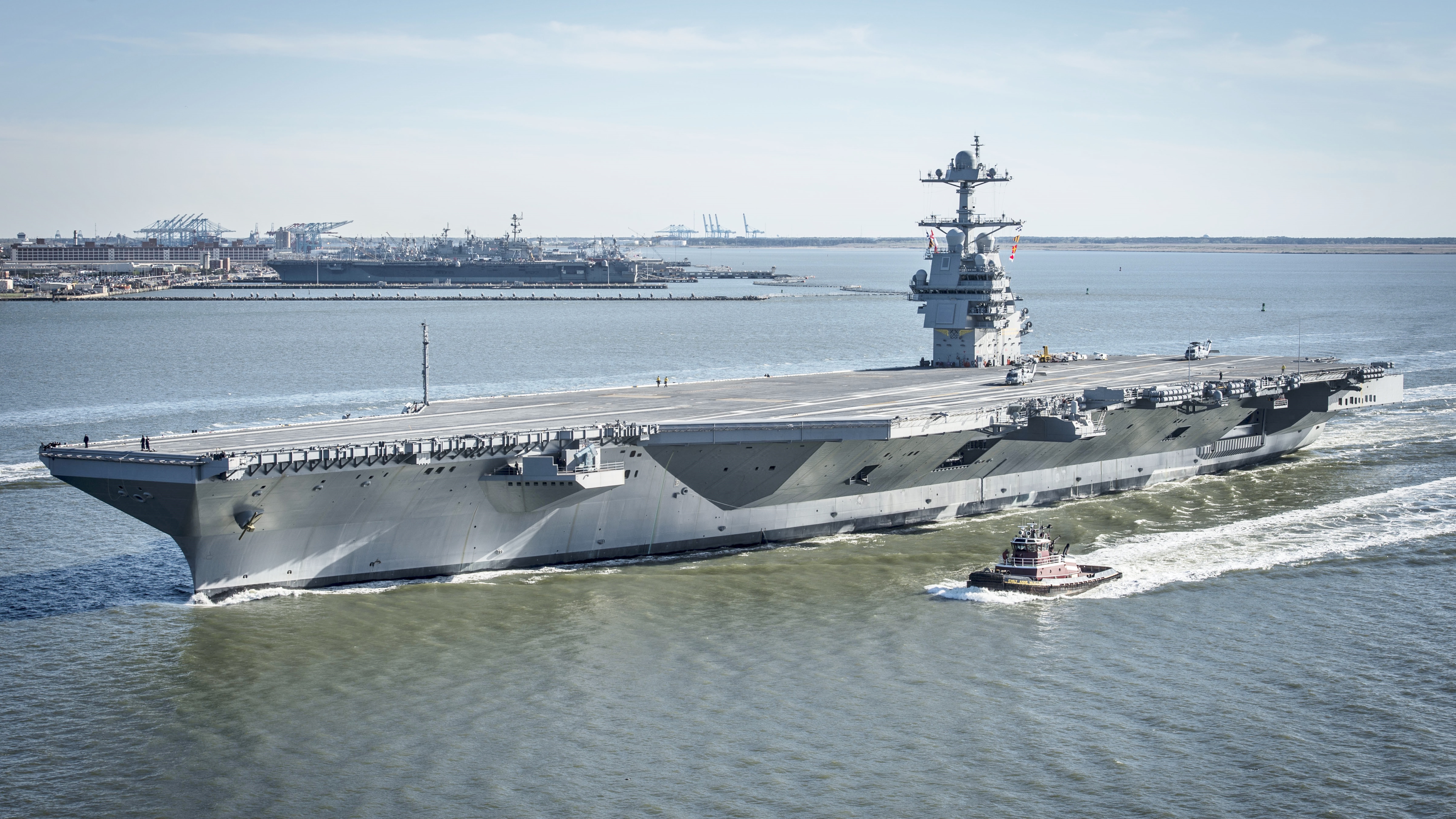 170408-N-WZ792-198 NEWPORT NEWS, Va. (April 8, 2017) The future USS Gerald R. Ford (CVN 78) underway on its own power for the first time. The first-of-class ship -- the first new U.S. aircraft carrier design in 40 years -- will spend several days conducting builder's sea trials, a comprehensive test of many of the ship's key systems and technologies. (U.S. Navy photo by Mass Communication Specialist 2nd Class Ridge Leoni/Released)          