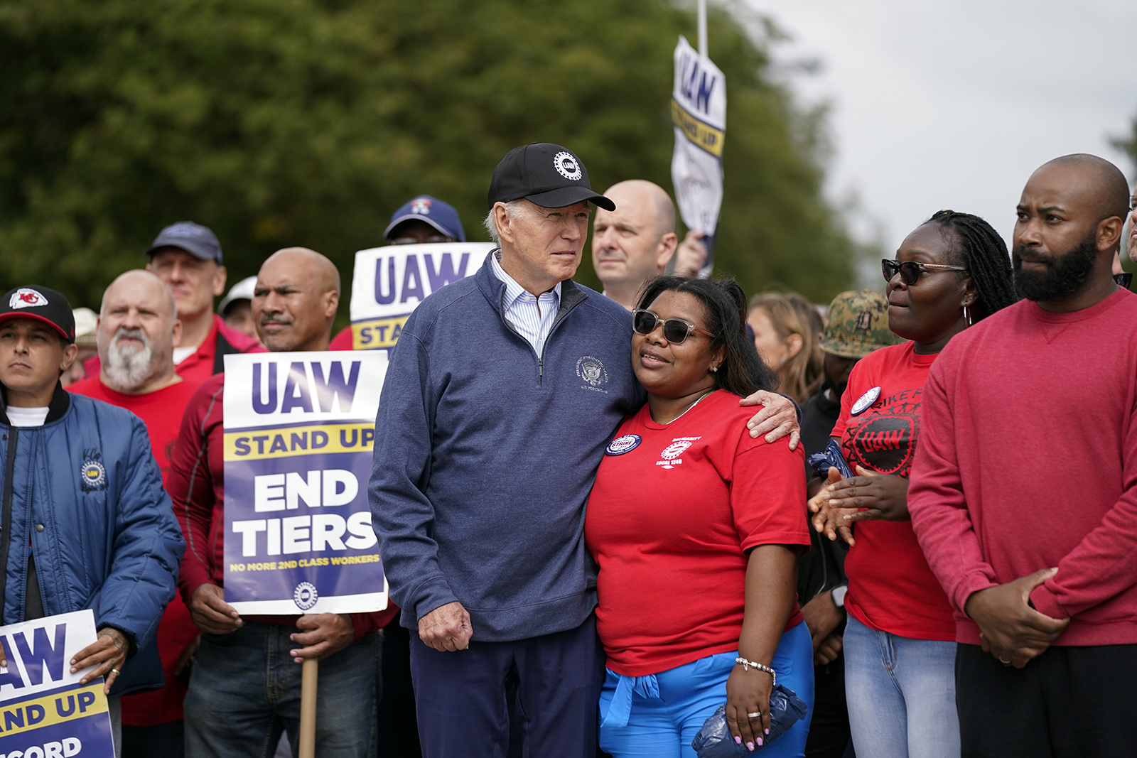 President Joe Biden joins striking United Auto Workers on the picket line, in Van Buren Township, Mich. (AP Photo/Evan Vucci)