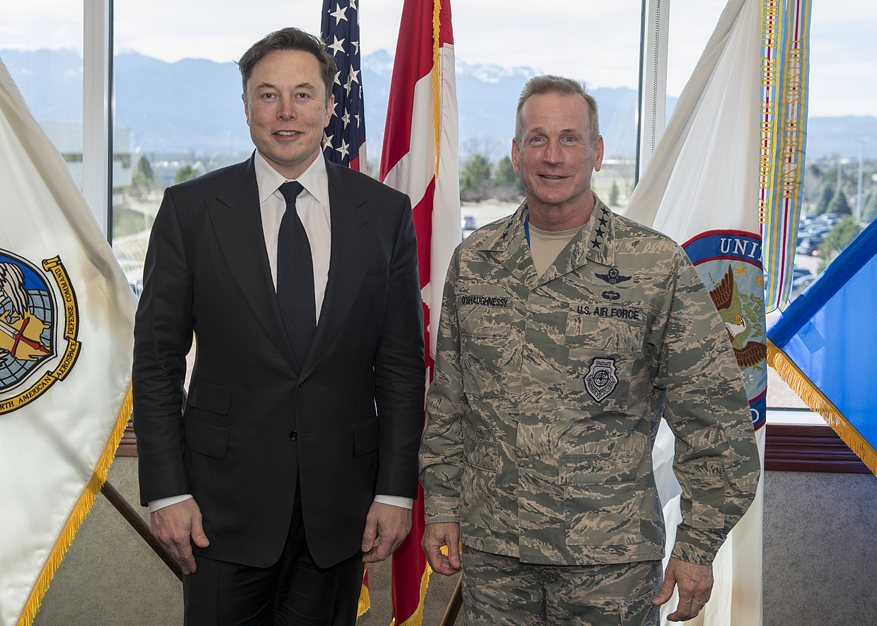 SpaceX CEO Elon Musk and the Commander of the North American Aerospace Defense Command and U.S. Northern Command, U.S. Air Force General Terrence J. O’Shaughnessy pose for a photo in the command’s headquarters in Colorado Springs, Colorado, April 15, 2019. During Musk’s visit, he participated in conversations and round table briefings about future space operations and homeland defense innovation.