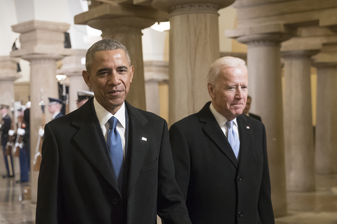 WASHINGTON, DC - JANUARY 20:  President Barack Obama and Vice President Joe Biden walk through the Crypt of the Capitol for Donald Trump's inauguration ceremony, in Washington, January 20, 2017. (Photo by J. Scott Applewhite - Pool/Getty Images)
