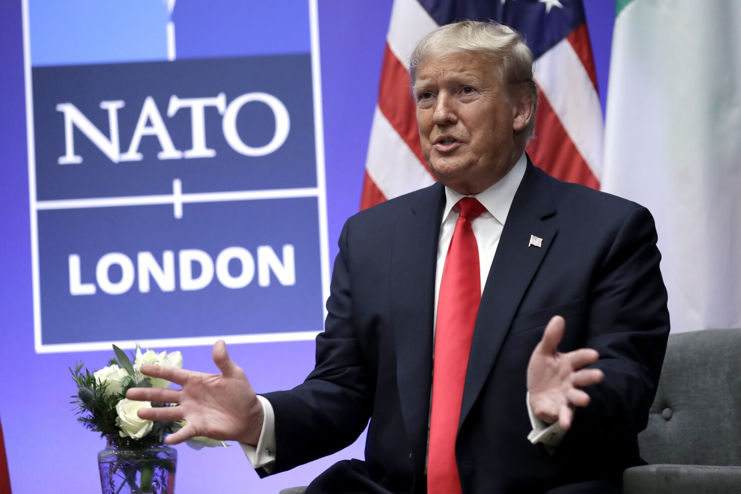 FILE - President Donald Trump speaks during the NATO summit, Dec. 4, 2019, in Watford, England. NATO allies are gathering in Washington for a summit this week, and the prospect that former President Trump, the military alliance's most prominent critic, may return to power is dominating discussions. President Joe Biden's shaky performance in the presidential debate last month escalated doubts about his reelection. It's given rise to the term &quot;Trump-proofing&quot; or &quot;future-proofing&quot; NATO, making the alliance more self-sufficient. (AP Photo/ Evan Vucci, File)