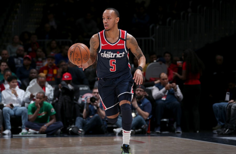 WASHINGTON, DC - FEBRUARY 7: Shabazz Napier #5 of the Washington Wizards handles the ball against the Dallas Mavericks on February 07, 2020 at Capital One Arena in Washington, DC. NOTE TO USER: User expressly acknowledges and agrees that, by downloading and or using this Photograph, user is consenting to the terms and conditions of the Getty Images License Agreement. Mandatory Copyright Notice: Copyright 2020 NBAE (Photo by Ned Dishman/NBAE via Getty Images)