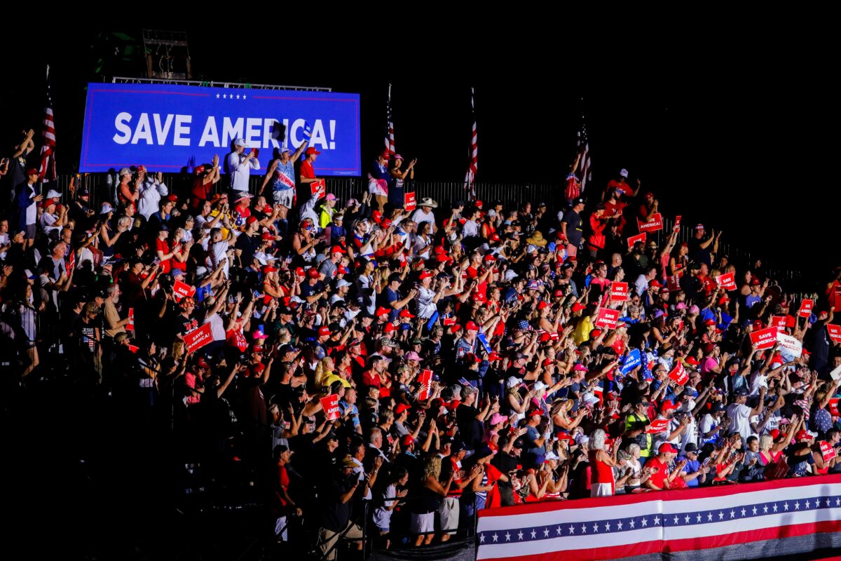 SARASOTA, FL - JULY 03: People listen to former U.S. President Donald Trump during a rally on July 3, 2021 in Sarasota, Florida. Co-sponsored by the Republican Party of Florida, the rally marks Trump's further support of the MAGA agenda and accomplishments of his administration. (Photo by Eva Marie Uzcategui/Getty Images)