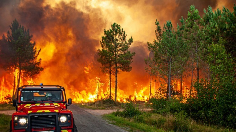 This photo provided Thursday July 14, 2022 by the fire brigade of the Gironde region (SDIS33) shows a wildfire near Landiras, southwestern France, Wednesday, July 13, 2022. A spate of wildfires is scorching parts of Europe, with firefighters battling blazes in Portugal, Spain and southern France. In France, two fires raged out of control in the region around Bordeaux in southwest France for a third consecutive day, despite efforts of 1,000 firefighters and water-dumping planes to contain them. (SDIS 33 via AP)